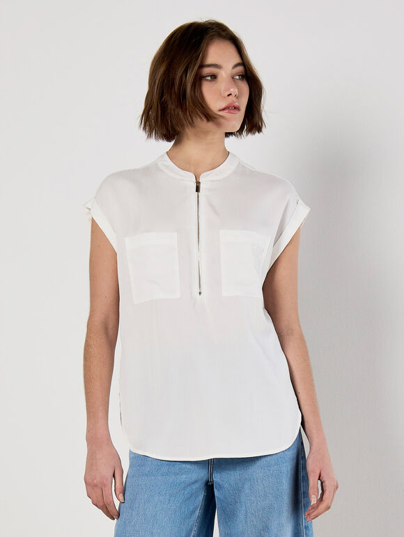Zip Front Patch Pocket Top, Cream, large