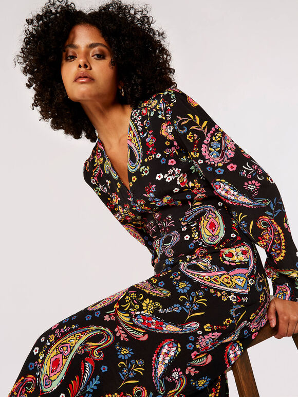 Colourful  Paisley Midi Dress, Black, large