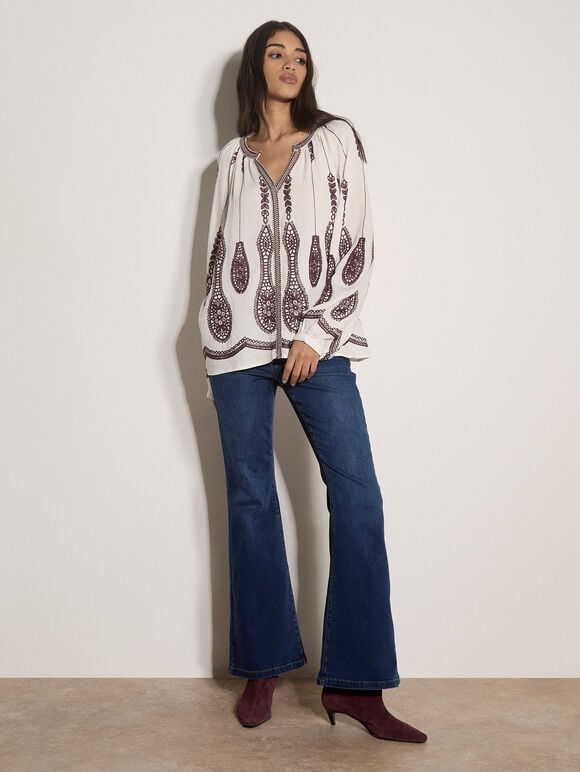 Floral Leaf Embroidered Blouse, Cream, large