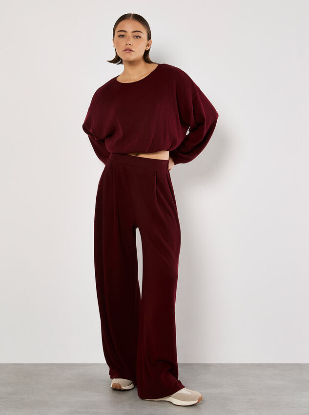 Ribbed Knit Wide Leg Trousers, Burgundy, large