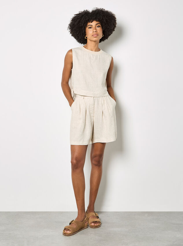 Linen Blend Pleated Mini Shorts, Stone, large