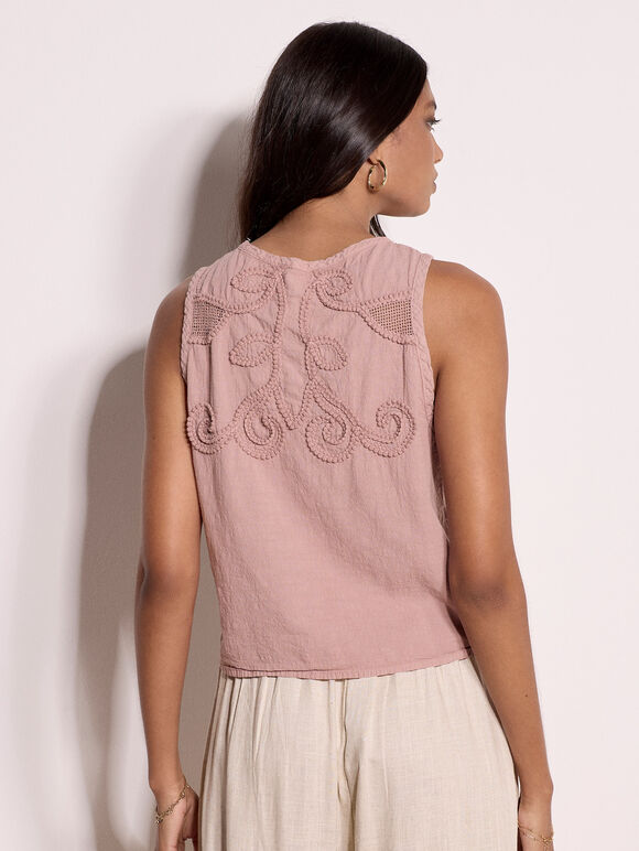 Embroidered Cotton Shell Top, Pink, large