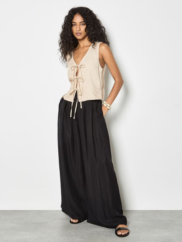 Tie Front Linen Blend Waistcoat, Stone, large