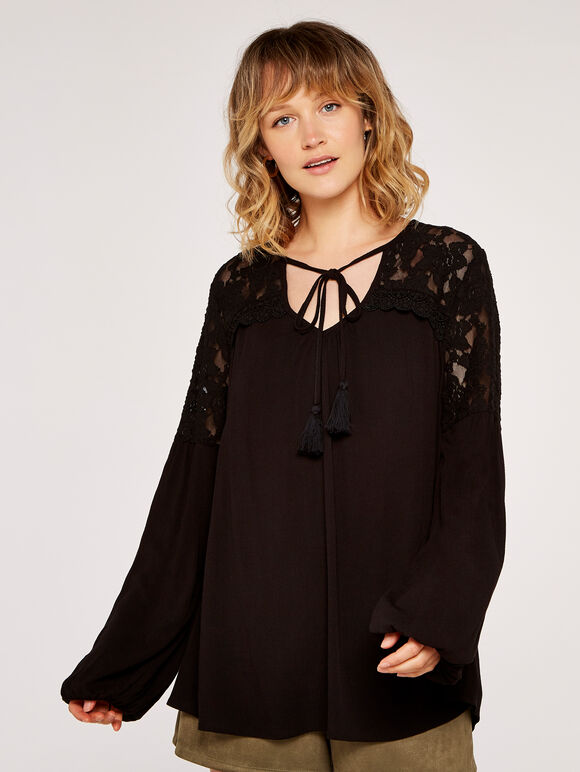 Lace Shoulder Tassel Top, Black, large