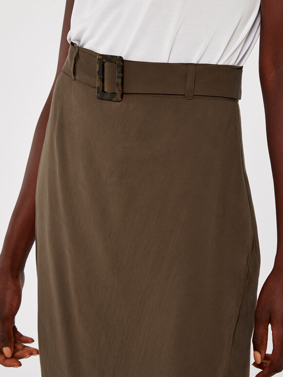Wrap Buckle Belt Midi Skirt, Brown, large