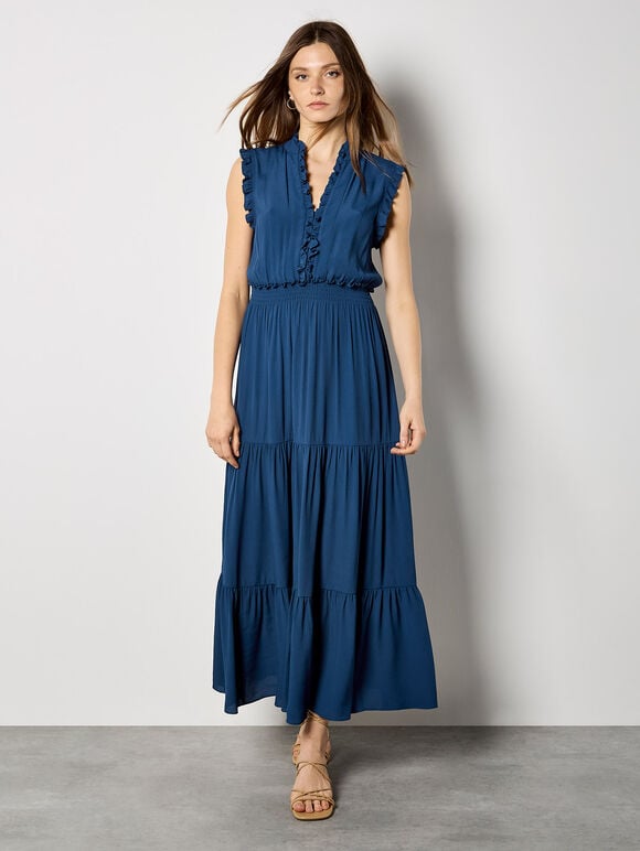 V-Neck Ruffle Tiered Maxi Dress, Blue, large