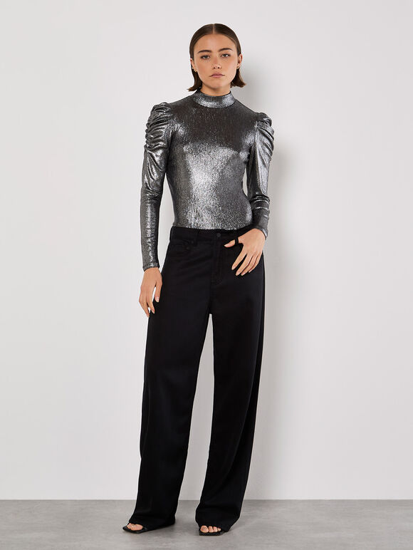 Metallic Foil Ruched Shoulder Top, Silver, large