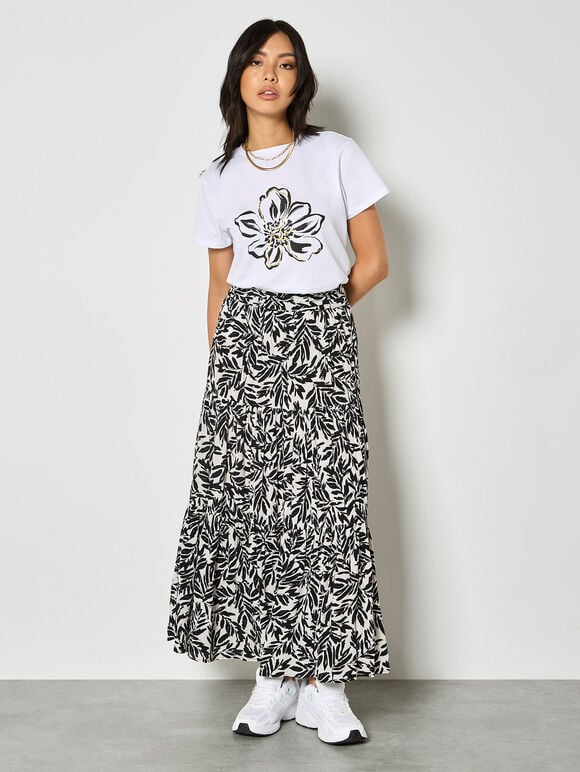 Leaf Print Tiered Midi Skirt, Cream, large