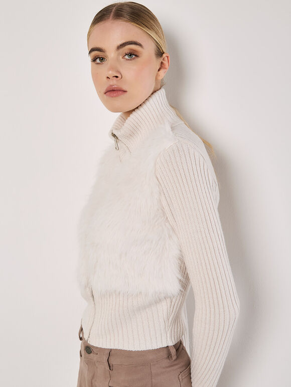 Faux Fur Ribbed Knit Cardigan, Cream, large