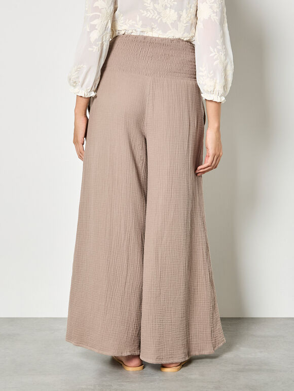 Textured Cotton Wide-Leg Trousers, Brown, large