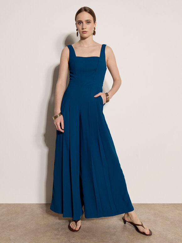 Crepe Wide-Leg Jumpsuit, Blue, large