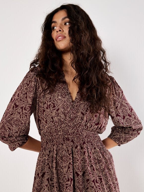 Paisley Ruffle Soft Mini Dress, Burgundy, large