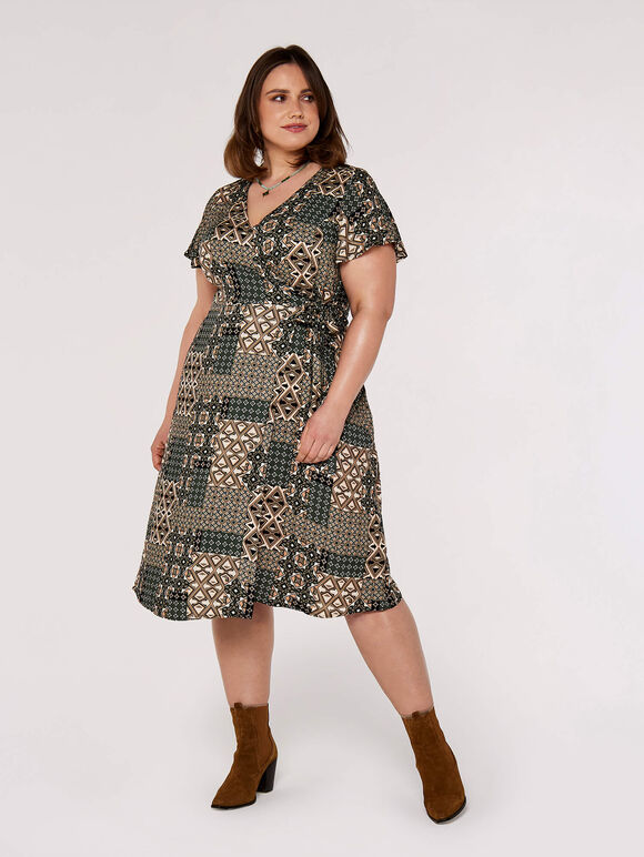 Curve Retro Wrap Mini Dress, Khaki, large