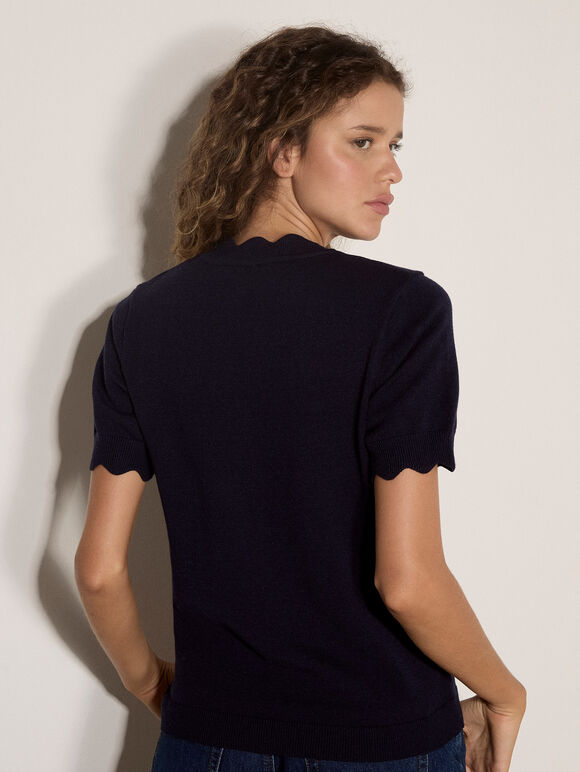 Scallop Knitted T-Shirt, Navy, large