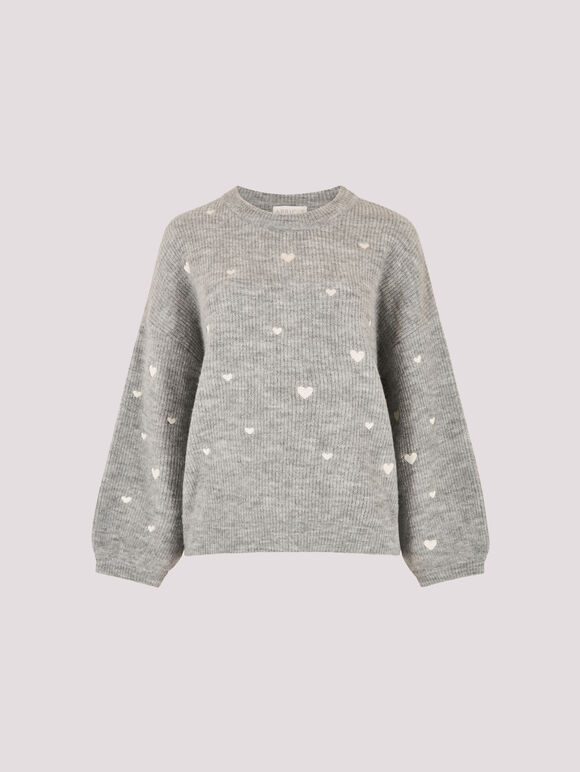 Embroidered Heart Jumper, Grey, large