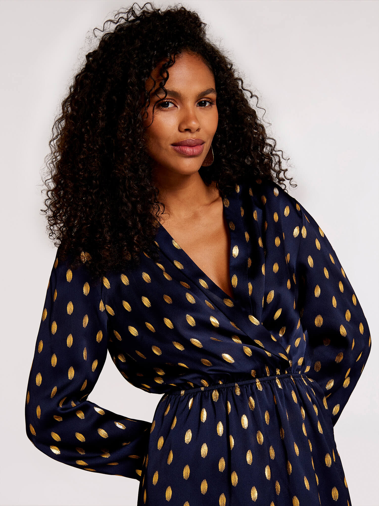 Metallic Gold Spot Midi Dress Apricot Clothing