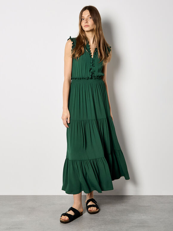 V-Neck Ruffle Tiered Maxi Dress, Green, large