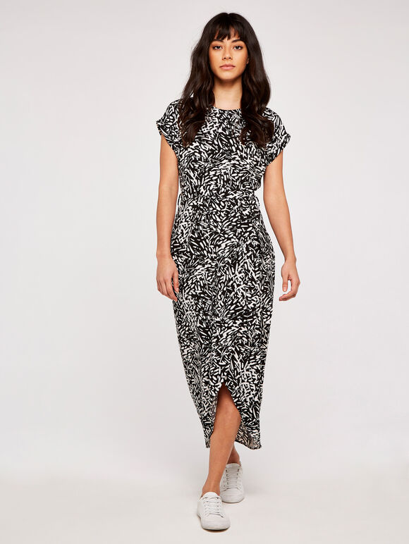 Abstract Print Crepe Wrap Dress, Black, large
