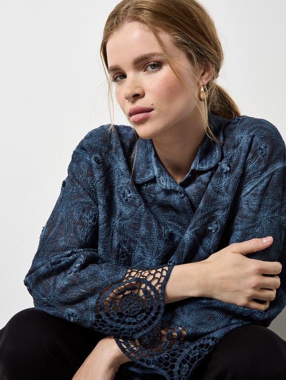 Textured Cotton Floral Crochet Blouse, Navy, large
