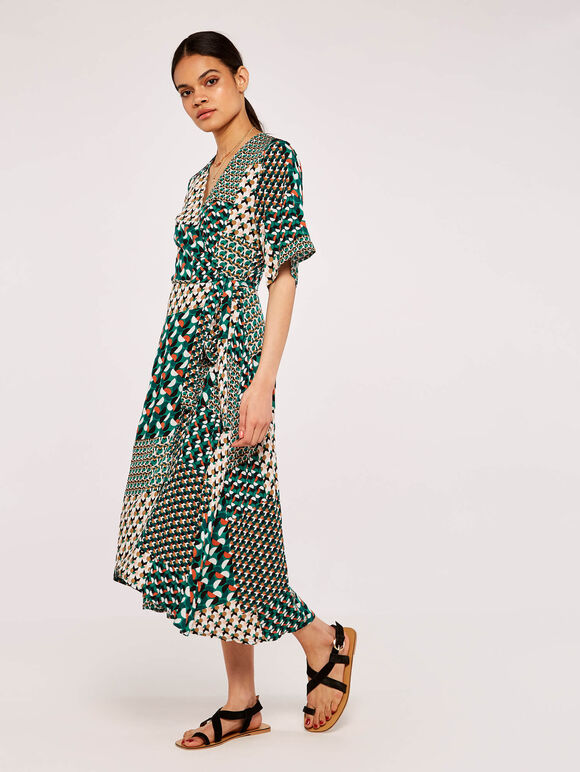 Geometric Patchwork Cocoon Dress, Green, large