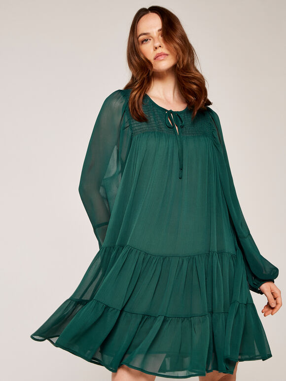 Crinkle Tiered Chiffon Dress, Green, large