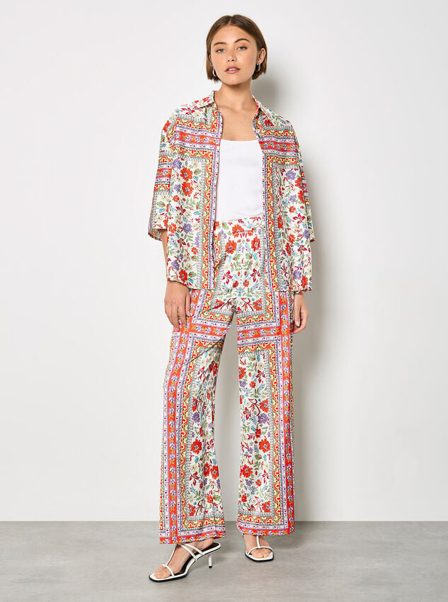 Floral Scarf Print Satin Wide-Leg Trousers, Orange, large