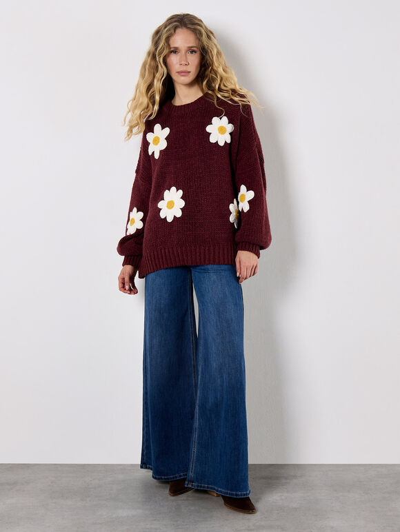 Embroidered Daisy Jumper, Burgundy, large