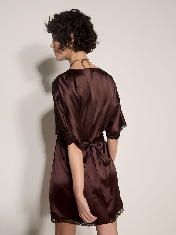 Lace Kimono Satin Mini Dress, Brown, large