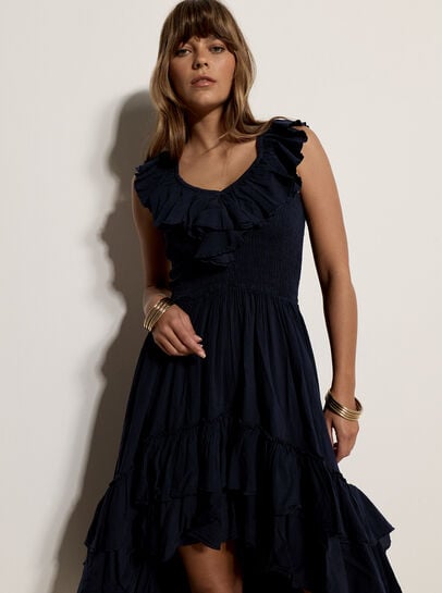 Cotton High-Low Ruffle Midi Dress