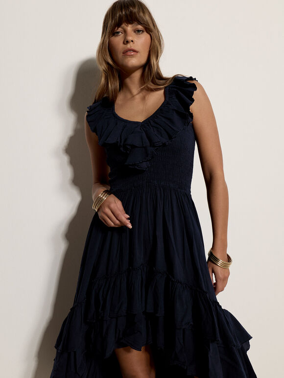 Cotton High-Low Ruffle Midi Dress, Navy, large