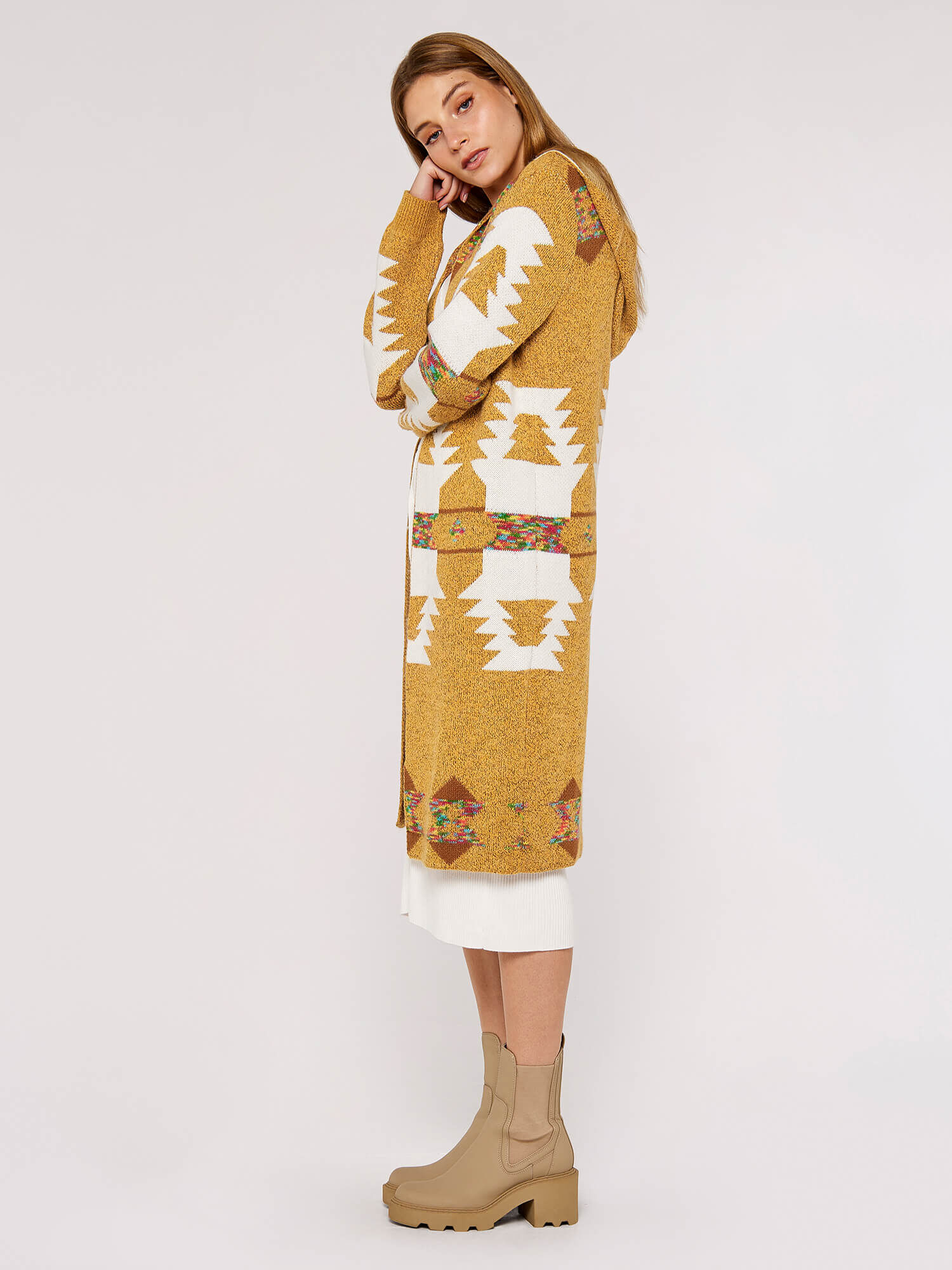 Mustard Aztec Hooded Cardigan | Apricot UK