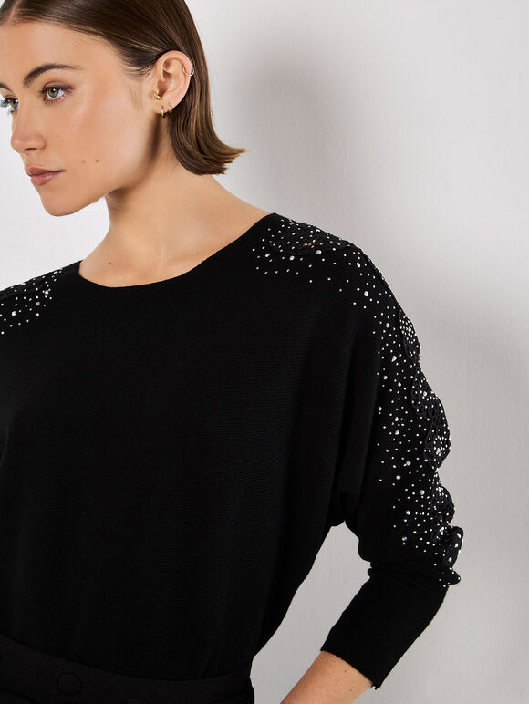 Lace Rhinestone Embellished Jumper, Black, large