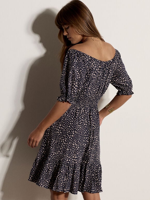 Irregular Spot Bardot Mini Dress, Navy, large