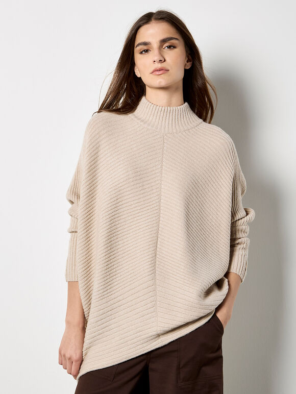 Chevron Knit Oversized Jumper, Stone, large