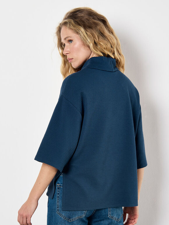 Waffle Knit Mock Neck T-Shirt, Blue, large