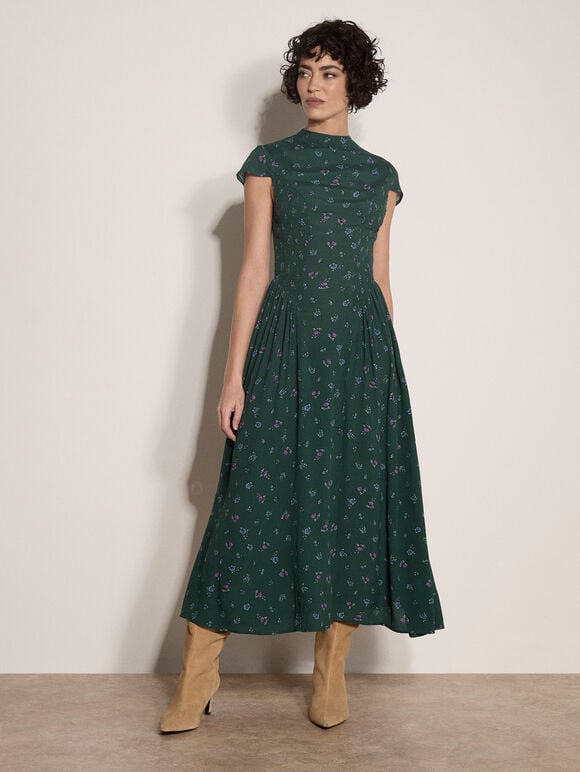 Floral Crepe Smocked Midi Dress, Green, large