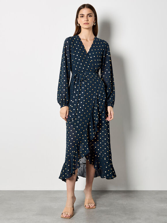 Gold Foil Polka Dot Chiffon Maxi Dress, Navy, large