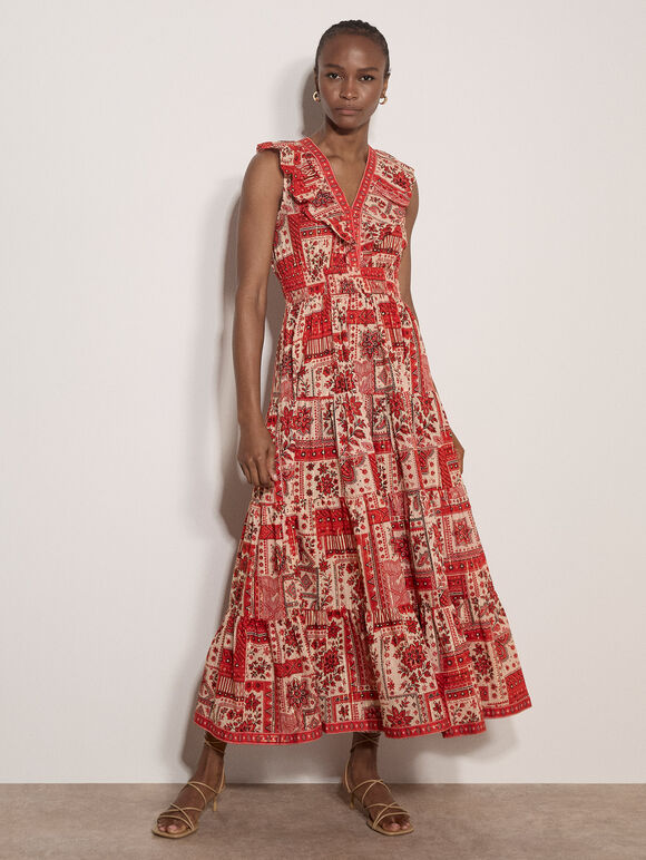 Shimmer Scarf Print Tiered Midaxi Dress, Red, large