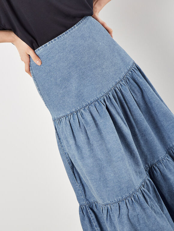 Cotton Denim Tiered Maxi Skirt, Blue, large