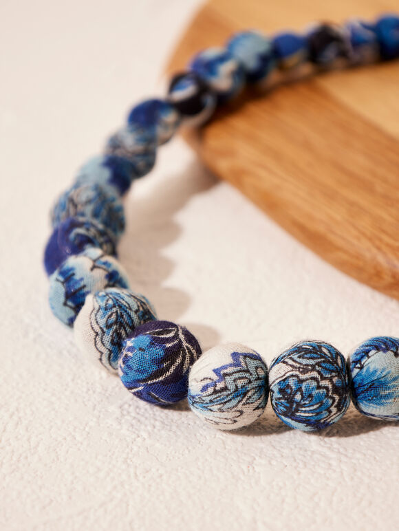 Patterned Fabric Beaded Necklace, Blue, large