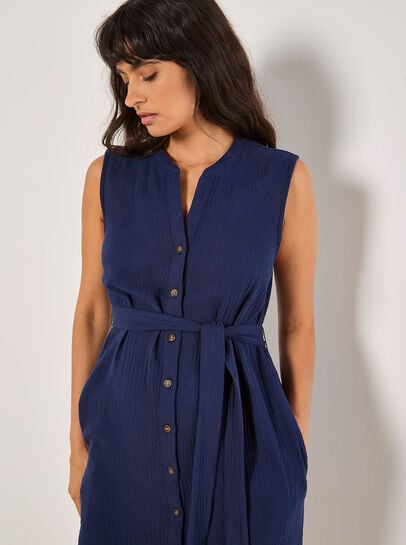 Textured Cotton Button Down Mini Dress