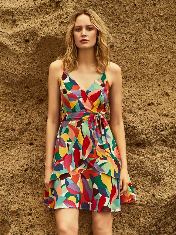 Colour Block Leaf Mini Dress, Red, large