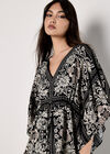 Scarf Print Kimono Mini Dress, Black, large
