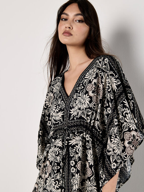 Scarf Print Kimono Mini Dress, Black, large