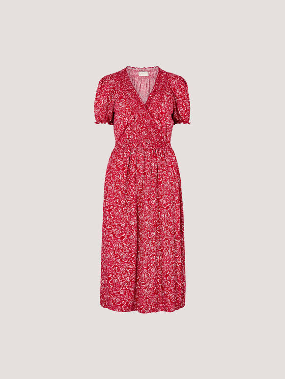 Floral Fruit Wrap Midi Dress, Red, large