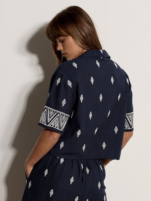 Cotton-Blend Embroidered Shirt, Navy, large