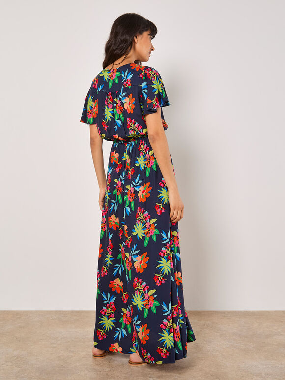 Tropical Print Wrap Maxi Dress, Navy, large