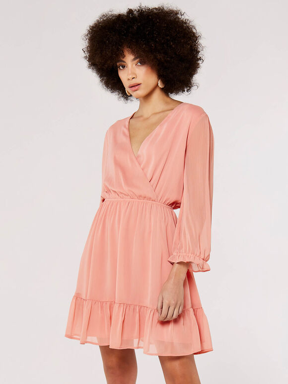 Crinkle Chiffon Wrap Mini Dress, Pink, large