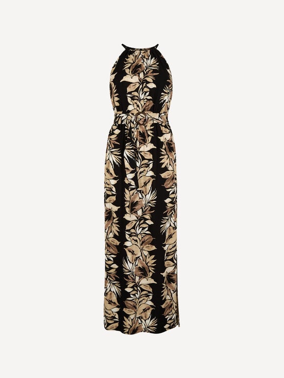 Tropical Leaf Halter Neck Maxi Dress, Black, large