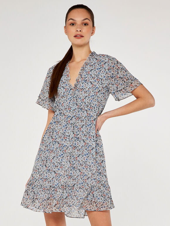 Floral Angel Sleeve Dress, Blue, large